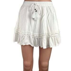Kivari White HIgh Waisted Tasseled Lace Ruffle A Line Mini Skirt Size XXS